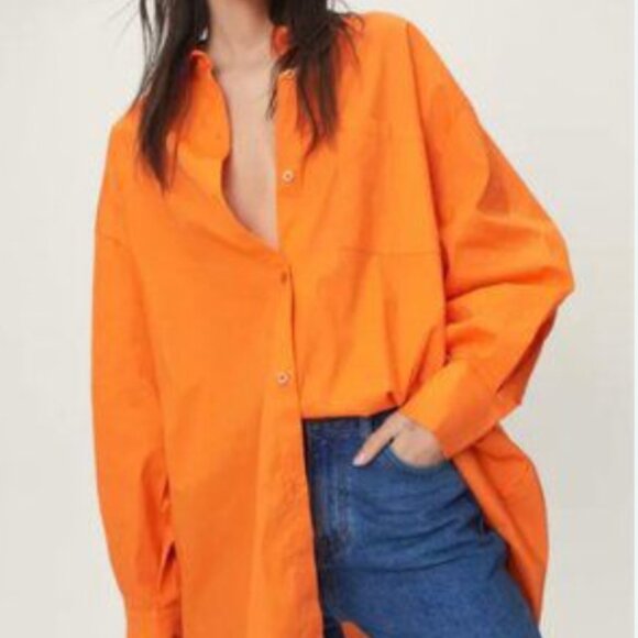 Zara Oversized Orange Poplin Button-down - Picture 1 of 4